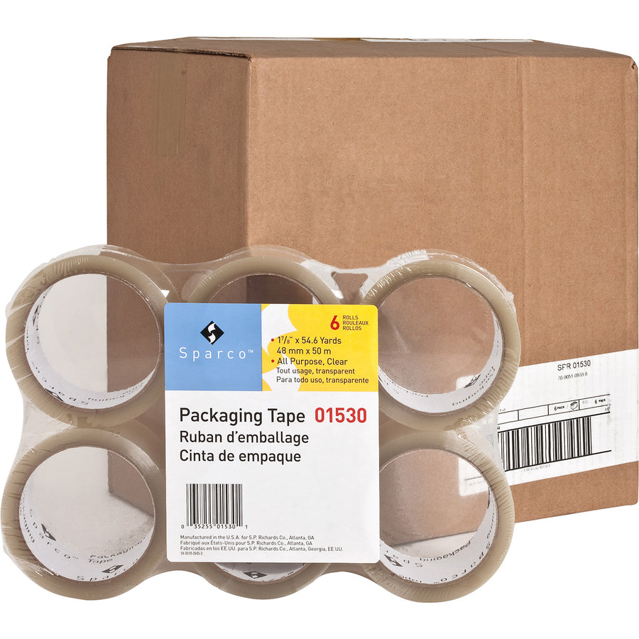 Sparco Transparent Hot-melt Tape - 55 yd Length x 2" Width - 1.9 mil Thickness - 3" Core - Moisture Resistant, Split Resistant, Abrasion Resistant - For Sealing, Shipping, Packing - 36 / Carton - Clear - 