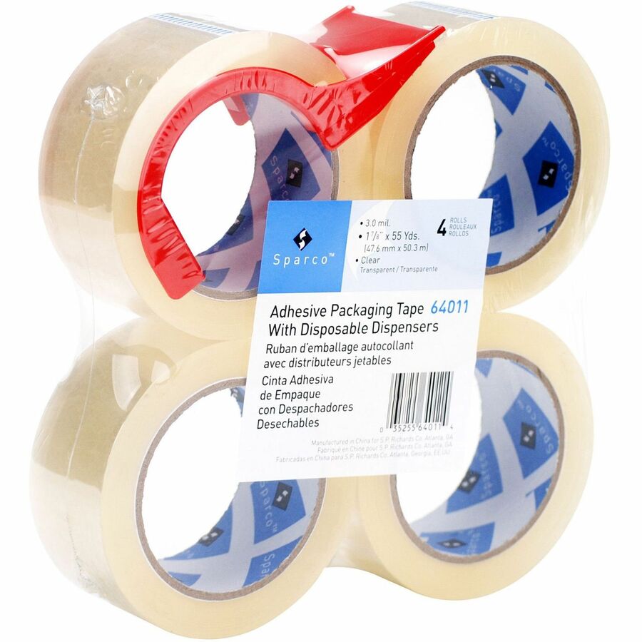 Sparco Heavy-duty Packaging Tape with Dispenser - 55 yd Length x 2" Width - 3" Core - 3 mil - Acrylic Backing - Dispenser Included - Tear Resistant, Split Resistant, Breakage Resistance - For Packing - 4 / Pack - Clear