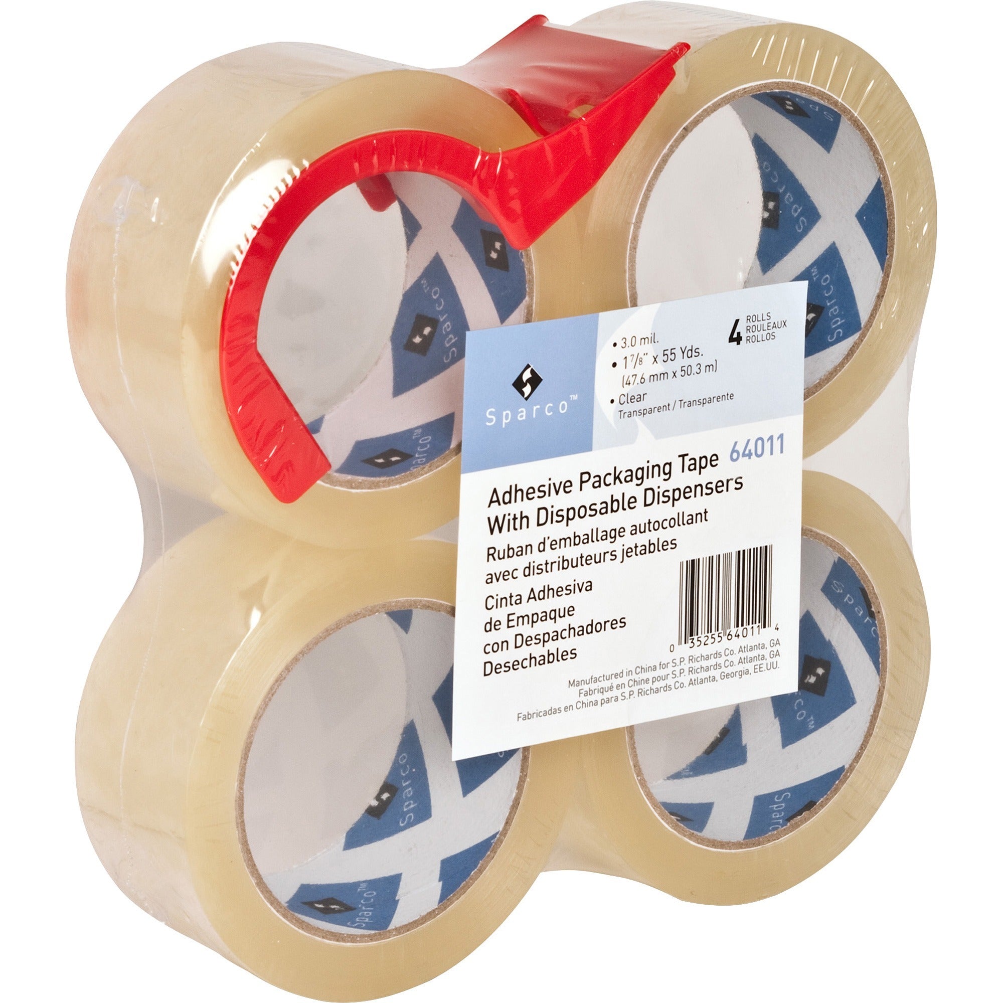 Sparco Heavy-duty Packaging Tape with Dispenser - 55 yd Length x 2" Width - 3" Core - 3 mil - Acrylic Backing - Dispenser Included - Tear Resistant, Split Resistant, Breakage Resistance - For Packing - 4 / Pack - Clear - 