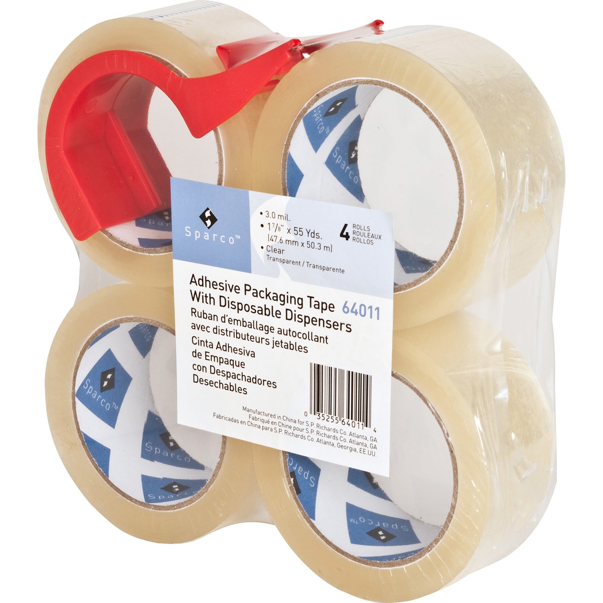 Sparco Heavy-duty Packaging Tape with Dispenser - 55 yd Length x 2" Width - 3" Core - 3 mil - Acrylic Backing - Dispenser Included - Tear Resistant, Split Resistant, Breakage Resistance - For Packing - 4 / Pack - Clear - 