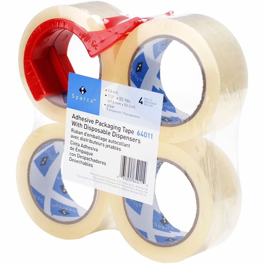 Sparco Heavy-duty Packaging Tape with Dispenser - 55 yd Length x 2" Width - 3" Core - 3 mil - Acrylic Backing - Dispenser Included - Tear Resistant, Split Resistant, Breakage Resistance - For Packing - 4 / Pack - Clear