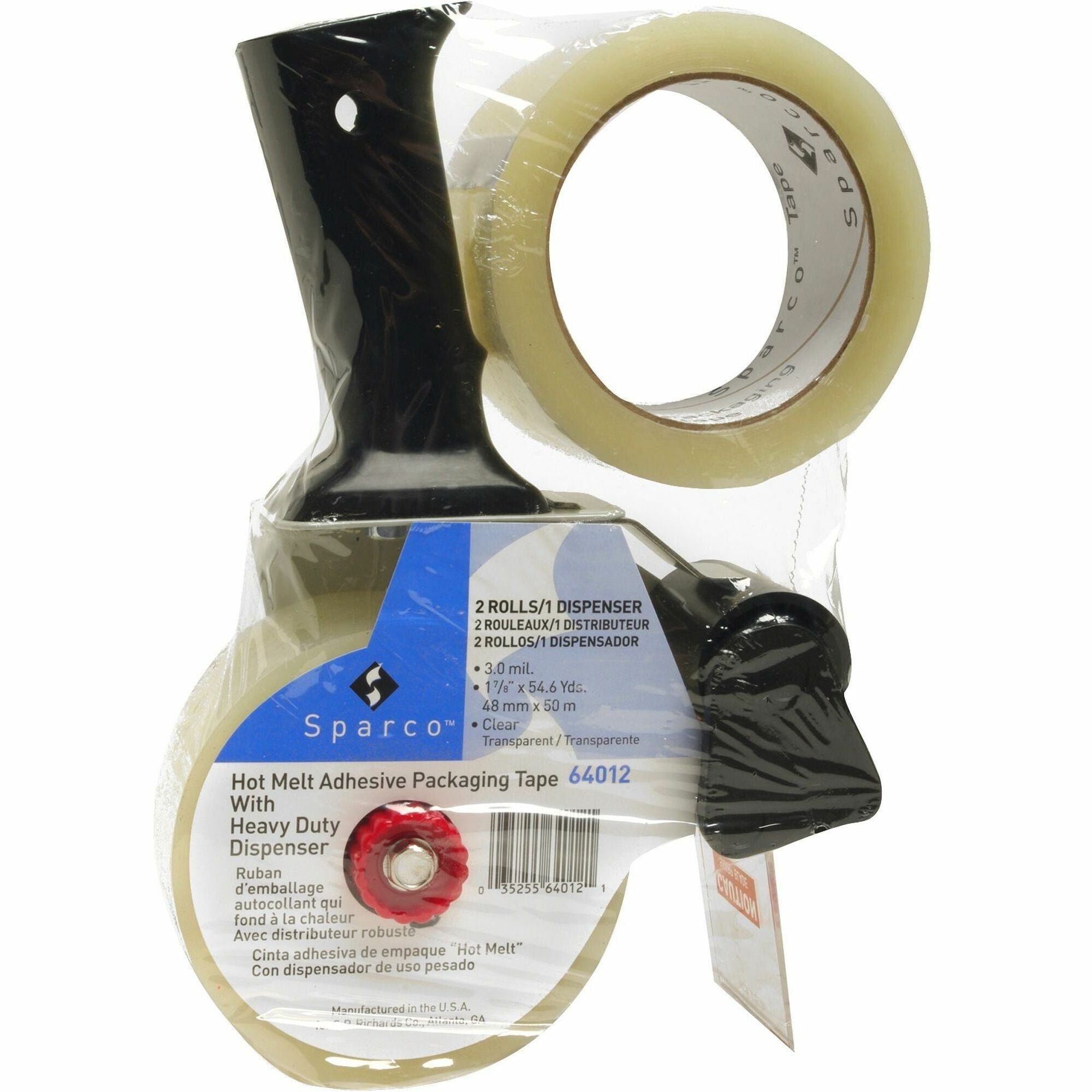 Sparco Pistol Grip Dispenser Heavy-duty Packging Tape - 55 yd Length x 2" Width - 3" Core - 3 mil - Acrylic Backing - Dispenser Included - Pistol Grip Dispenser - Tear Resistant, Breakage Resistance, Split Resistant - For Packing - 2 / Pack - Clear - 