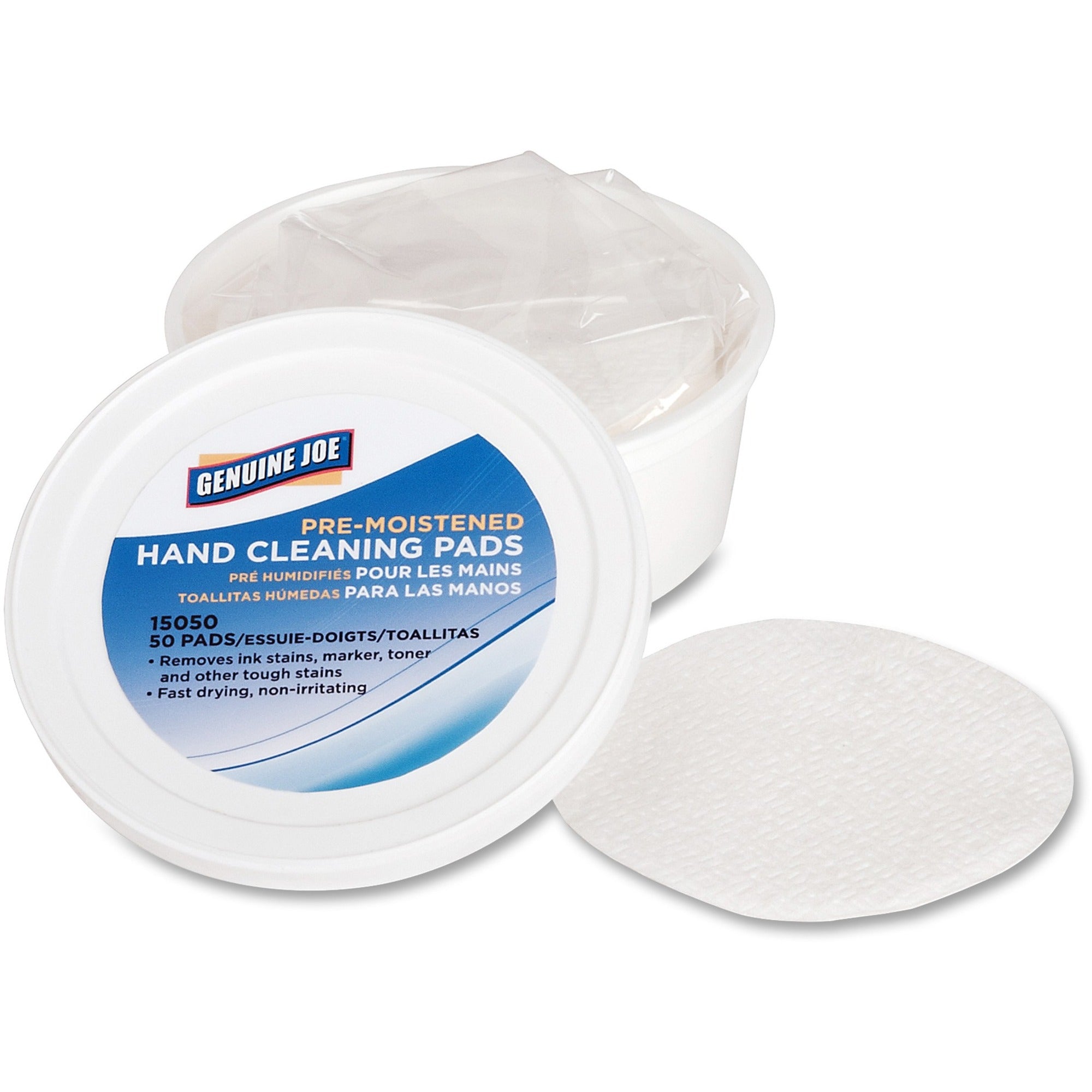 genuine-joe-pre-moistened-hand-cleaning-pads-3-roll-diameter-white-quick-drying-pre-moistened-non-irritating-for-multi-surface-hand-tools-50-per-pack-1-each_gjo15050 - 1