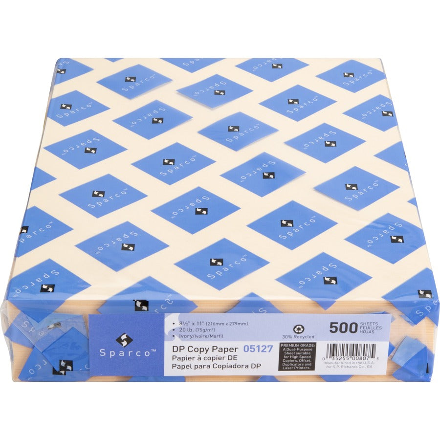 Sparco Premium Copy Paper - Ivory - Letter - 8 1/2" x 11" - 20 lb Basis Weight - 500 / Ream - Sustainable Forestry Initiative (SFI) - Lint-free, Acid-free, Archival-safe - Ivory