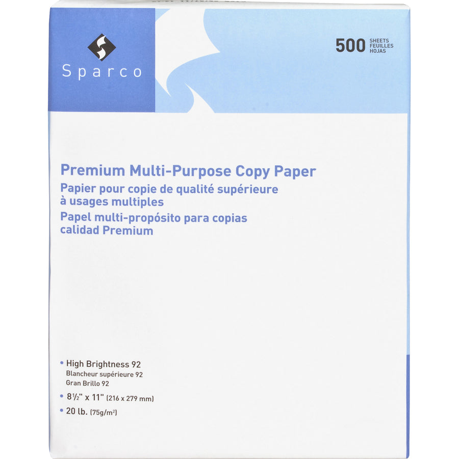 Sparco Copy Paper - 92 Brightness - Letter - 8 1/2" x 11" - 20 lb Basis Weight - 2500 / Carton - SFI - Acid-free - White - 