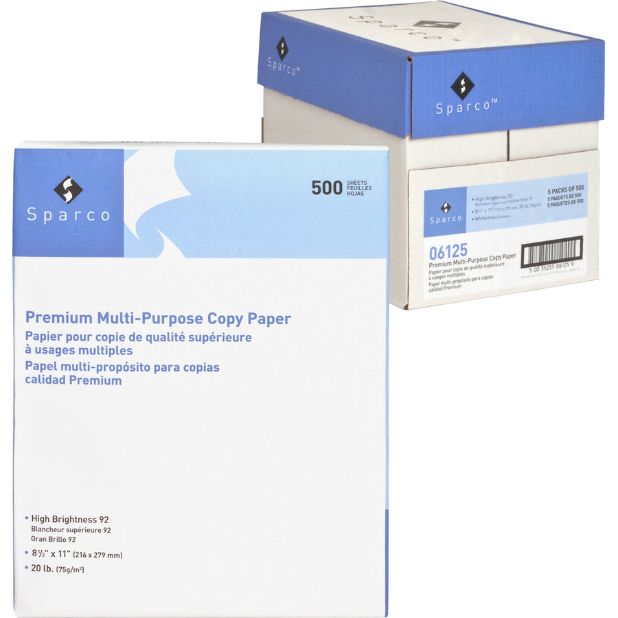 Sparco Copy Paper - 92 Brightness - Letter - 8 1/2" x 11" - 20 lb Basis Weight - 2500 / Carton - SFI - Acid-free - White - 