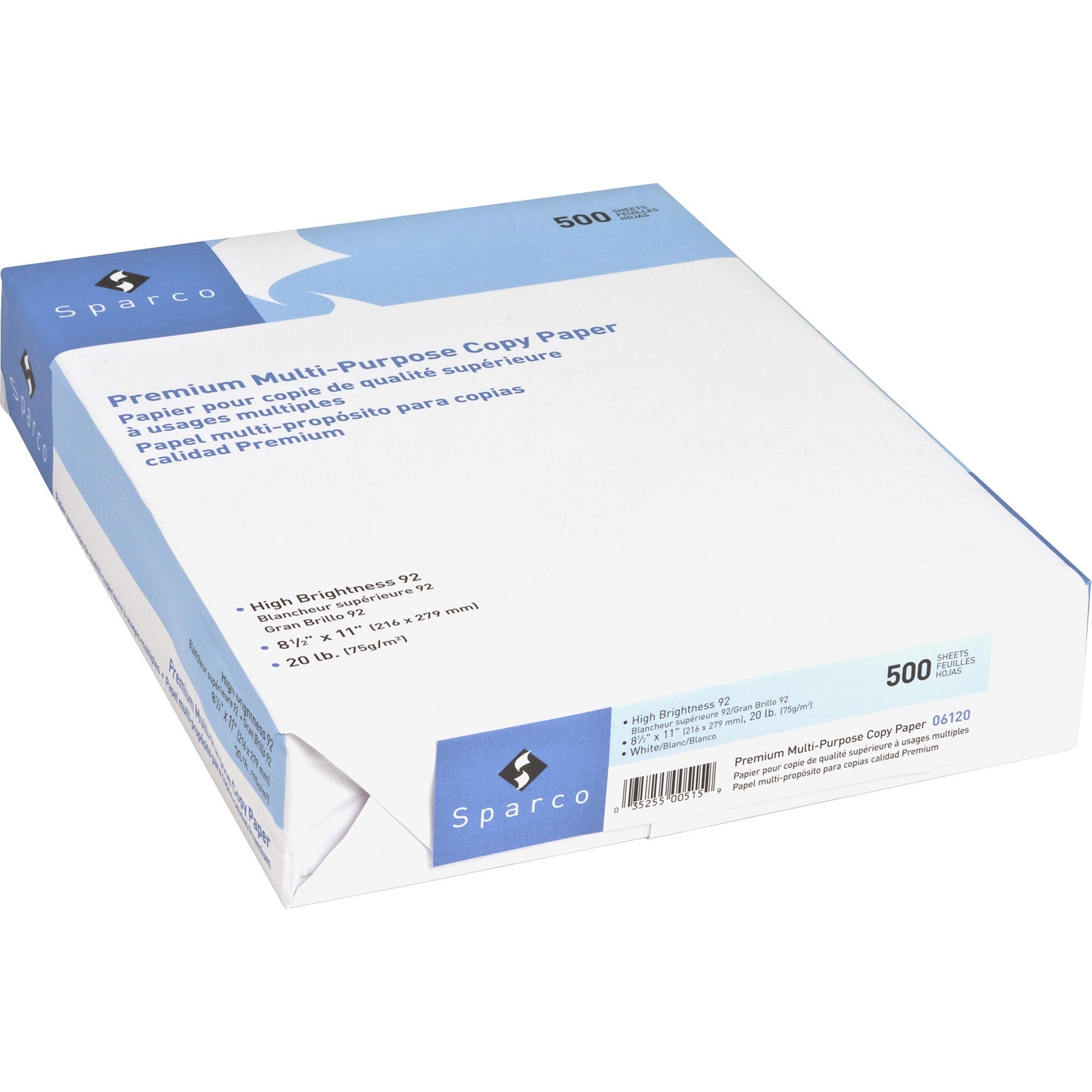 Sparco Copy Paper - 92 Brightness - Letter - 8 1/2" x 11" - 20 lb Basis Weight - 2500 / Carton - SFI - Acid-free - White - 