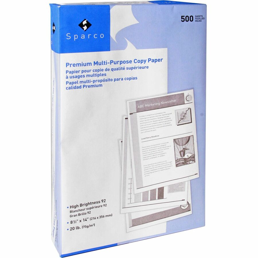 Sparco Multipurpose Copy Paper - 92 Brightness - Legal - 8 1/2" x 14" - 20 lb Basis Weight - 5000 / Carton - Sustainable Forestry Initiative (SFI) - Acid-free - White - 