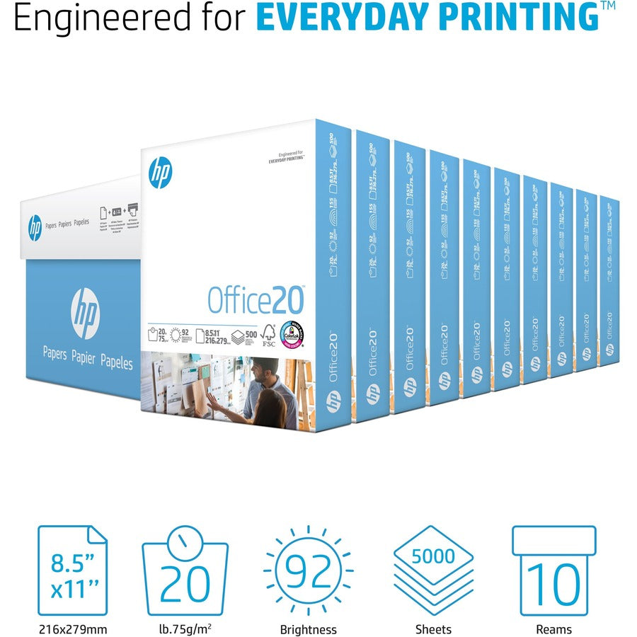 Office20 Paper, 92 Bright, 20 lb Bond Weight, 8.5 x 11, White, 500 Sheets/Ream, 10 Reams/Carton