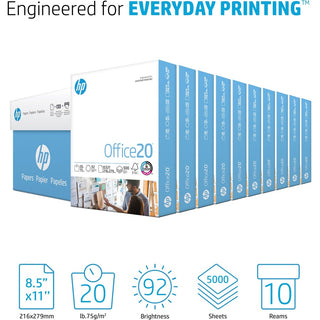 Office20 Paper, 92 Bright, 20 lb Bond Weight, 8.5 x 11, White, 500 Sheets/Ream, 10 Reams/Carton