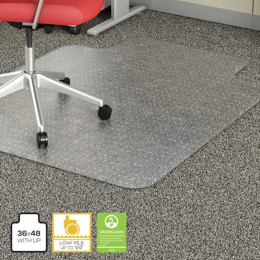 Lorell Low Pile Standard Lip Economy Chairmat - Carpeted Floor - 48" Length x 36" Width x 0.095" Thickness - Lip Size 10" Length x 19" Width - Rectangular - Vinyl - Clear - 1Each - 