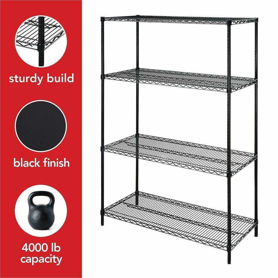 Lorell Industrial Wire Starter Shelving Unit - 48" x 18" x 72" - 4 x Shelf(ves) - 4000 lb Load Capacity - Black - Powder Coated - Steel - Assembly Required
