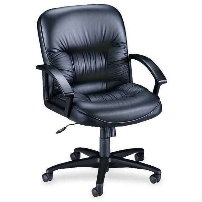 Lorell Tufted Managerial Mid-Back Office Chair - Black Leather Seat - Black Frame - 5-star Base - Black - 1 Each - 