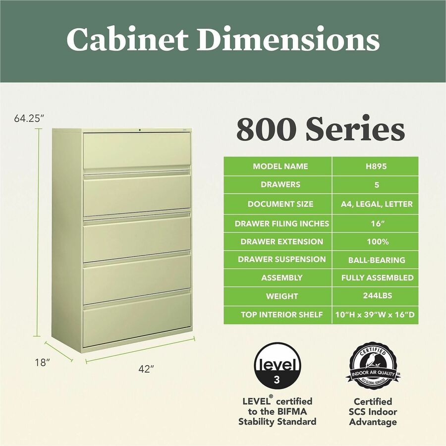 HON 800 Series Full-Pull Locking Lateral File - 5-Drawer - 42" x 19.3" x 67" - 5 x Drawer(s) - Lateral - Black - Baked Enamel