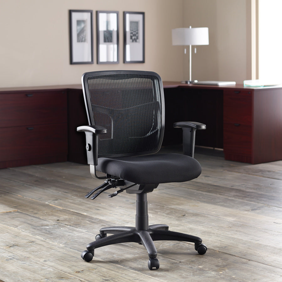 Lorell ErgoMesh Series Managerial Mesh Mid-Back Chair - Black Fabric Seat - Black Back - Black Frame - Mid Back - 5-star Base - 1 Each - 