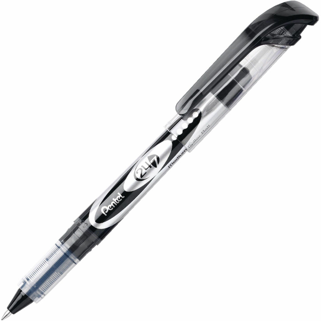 Pentel 24/7 Rollerball Pens - Medium Pen Point - 0.7 mm Pen Point Size - Black Water Based Ink - Black Barrel - Metal Tip - 1 Dozen