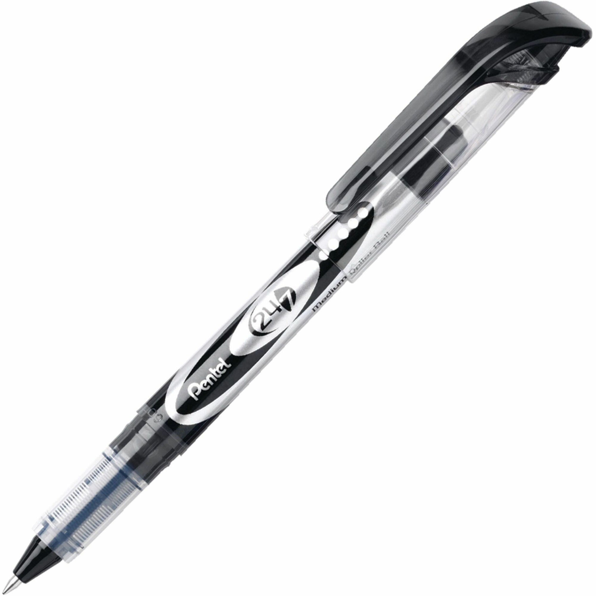 Pentel 24/7 Rollerball Pens - Medium Pen Point - 0.7 mm Pen Point Size - Black Water Based Ink - Black Barrel - Metal Tip - 1 Dozen