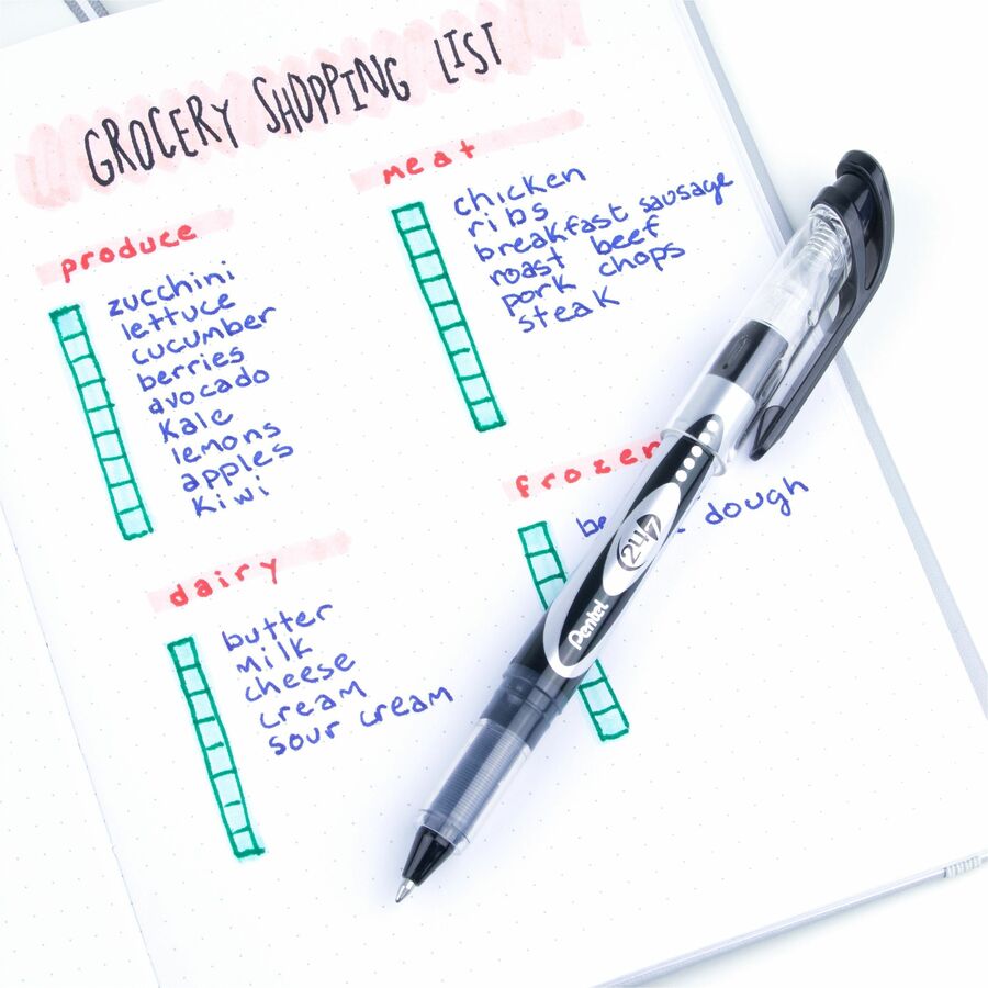 Pentel 24/7 Rollerball Pens - Medium Pen Point - 0.7 mm Pen Point Size - Black Water Based Ink - Black Barrel - Metal Tip - 1 Dozen