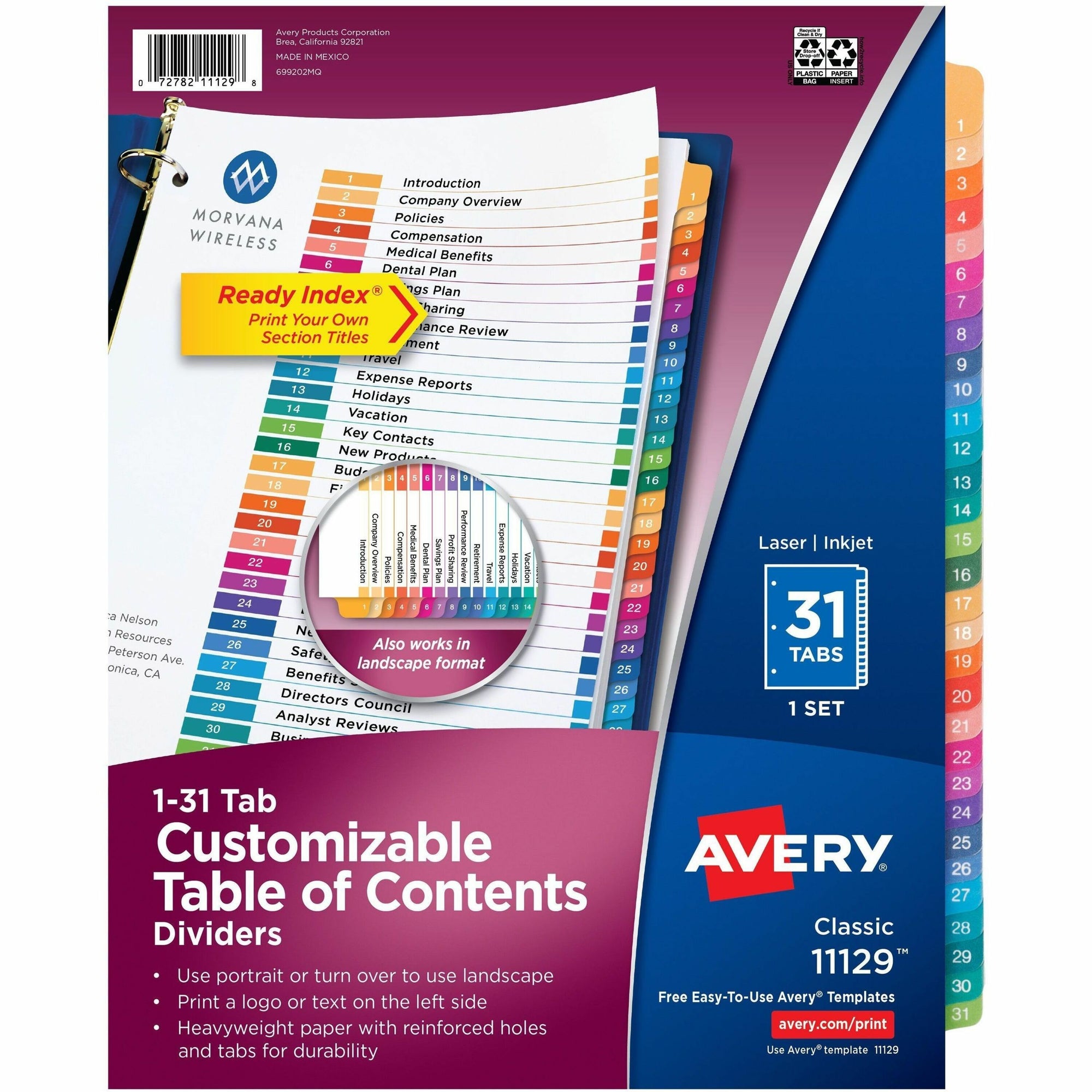 Customizable TOC Ready Index Multicolor Tab Dividers, 31-Tab, 1 to 31, 11 x 8.5, White, Traditional Color Tabs, 1 Set