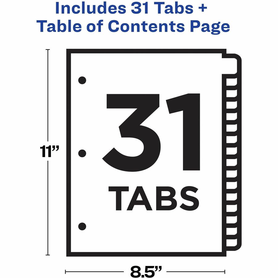 Customizable TOC Ready Index Multicolor Tab Dividers, 31-Tab, 1 to 31, 11 x 8.5, White, Traditional Color Tabs, 1 Set