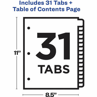 Customizable TOC Ready Index Multicolor Tab Dividers, 31-Tab, 1 to 31, 11 x 8.5, White, Traditional Color Tabs, 1 Set