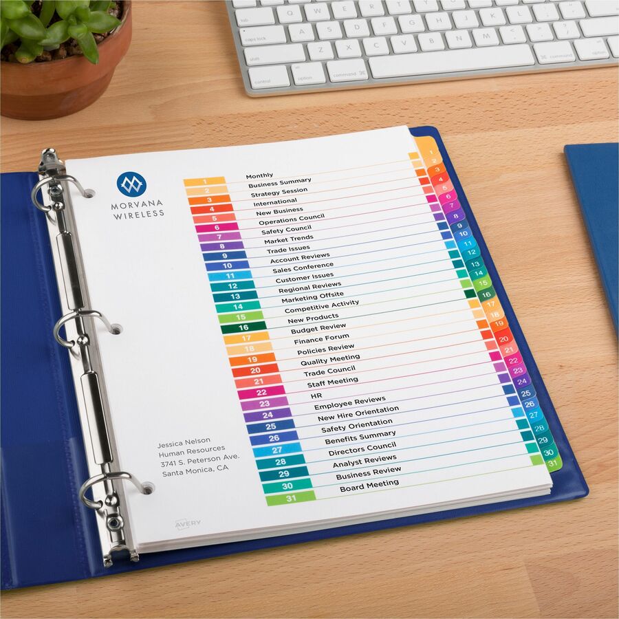 Customizable TOC Ready Index Multicolor Tab Dividers, 31-Tab, 1 to 31, 11 x 8.5, White, Traditional Color Tabs, 1 Set