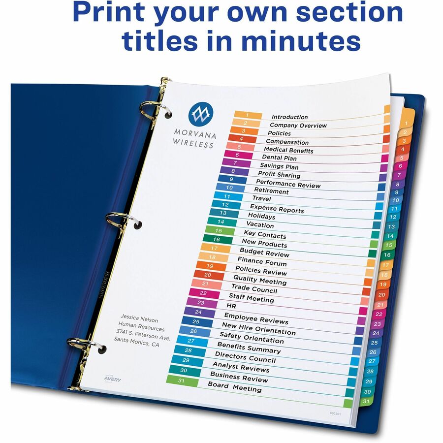 Customizable TOC Ready Index Multicolor Tab Dividers, 31-Tab, 1 to 31, 11 x 8.5, White, Traditional Color Tabs, 1 Set
