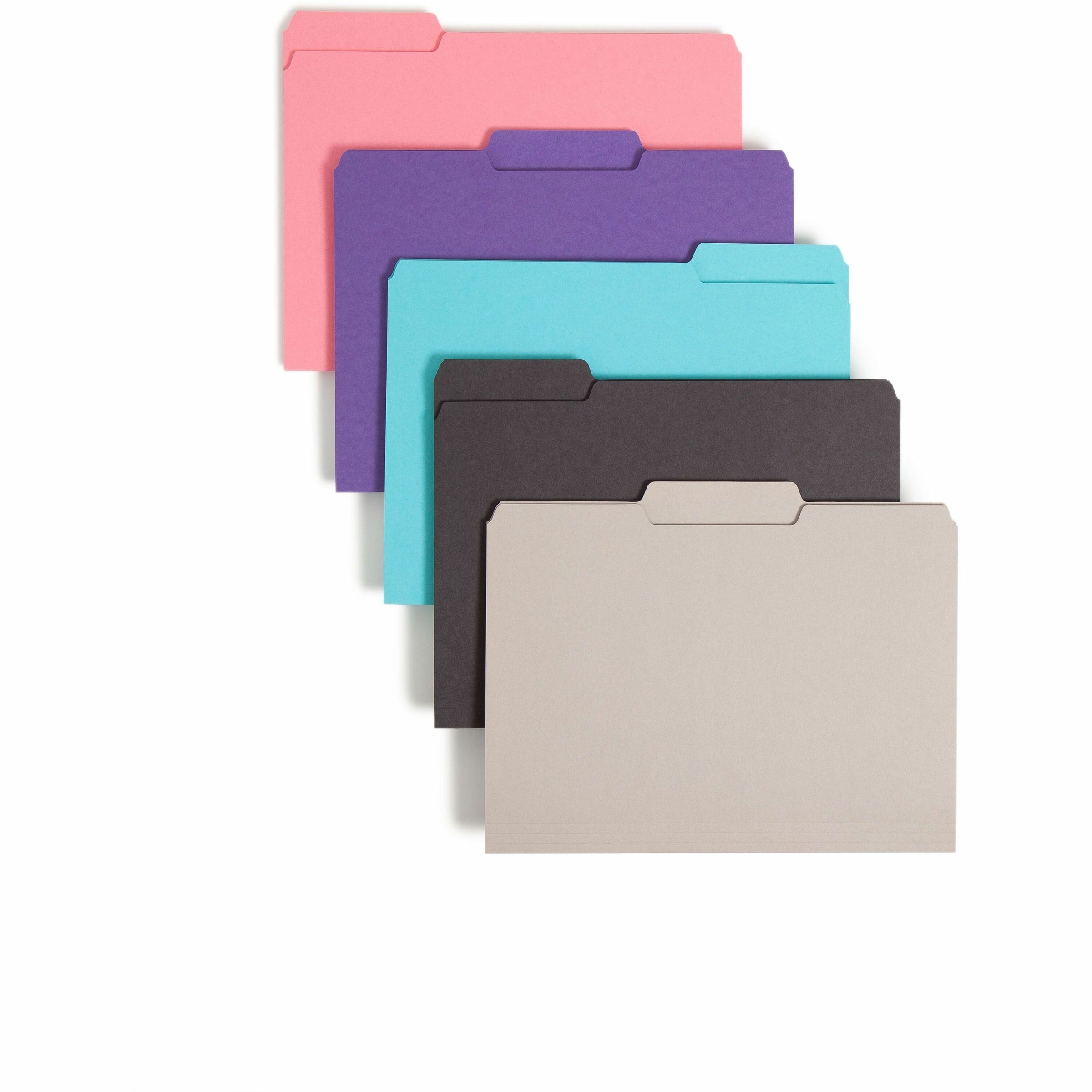 Smead Interior Folders - Letter - 8 1/2" x 11" Sheet Size - 3/4" Expansion - 1/3 Tab Cut - Assorted Position Tab Location - 11 pt. Folder Thickness - Aqua, Black, Dark Pink, Gray, Purple - 100 / Box