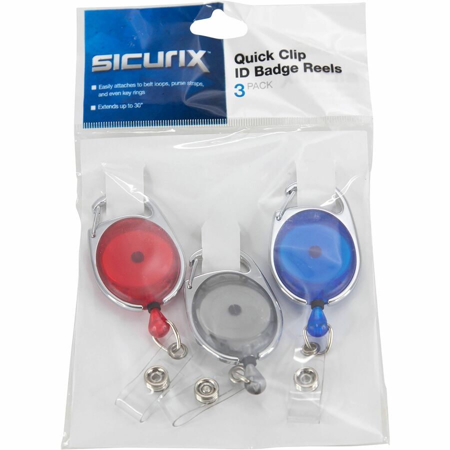 Quick Clip Card Reels, 30" Extension, Blue/Red/Smoke, 3/Pack