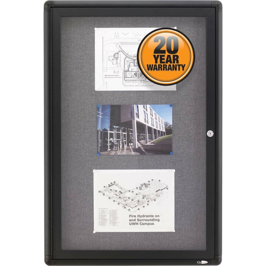 Enclosed Indoor Fabric Bulletin Board with Hinged Doors, One Door, 24 x 36, Gray Surface, Graphite Aluminum Frame