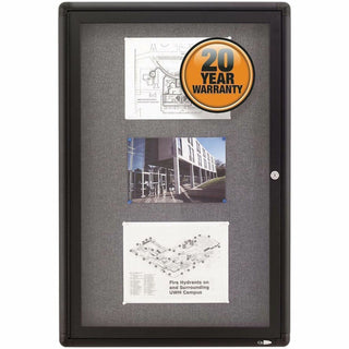 Enclosed Indoor Fabric Bulletin Board with Hinged Doors, One Door, 24 x 36, Gray Surface, Graphite Aluminum Frame