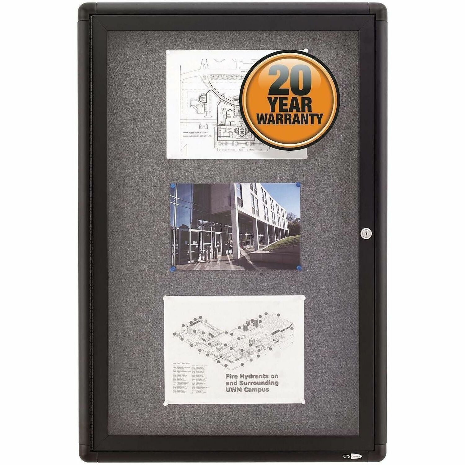 Enclosed Indoor Fabric Bulletin Board with Hinged Doors, One Door, 24 x 36, Gray Surface, Graphite Aluminum Frame