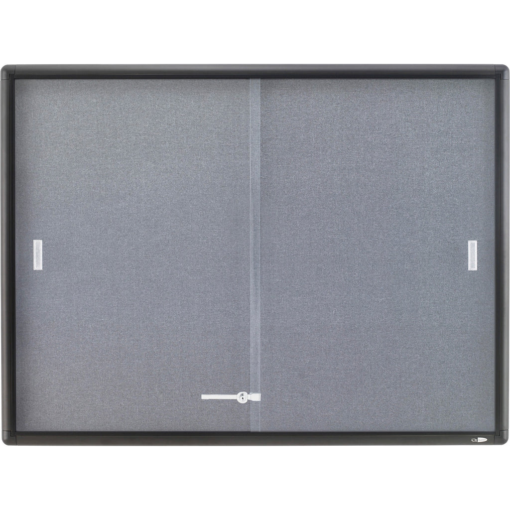 Enclosed Indoor Cork and Gray Fabric Bulletin Board with Two Sliding Glass Doors, 48 x 36, Graphite Gray Aluminum Frame