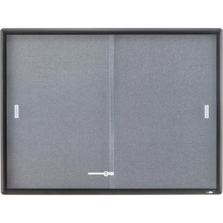 Enclosed Indoor Cork and Gray Fabric Bulletin Board with Two Sliding Glass Doors, 48 x 36, Graphite Gray Aluminum Frame