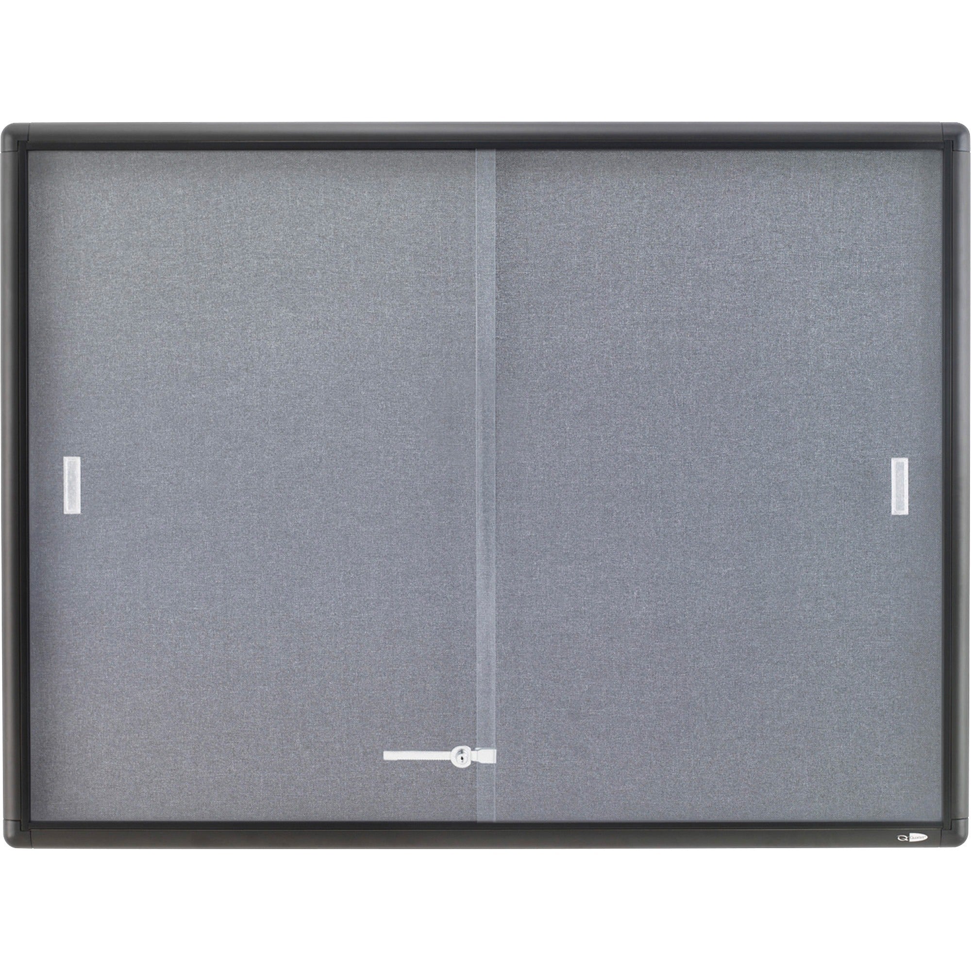 Enclosed Indoor Cork and Gray Fabric Bulletin Board with Two Sliding Glass Doors, 48 x 36, Graphite Gray Aluminum Frame