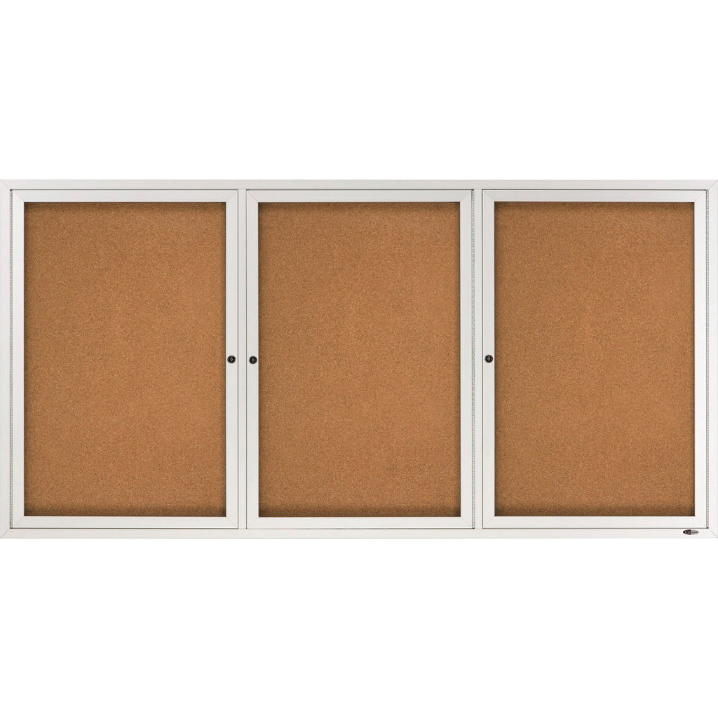 Enclosed Indoor Cork Bulletin Board with Three Hinged Doors, 72 x 36, Tan Surface, Silver Aluminum Frame