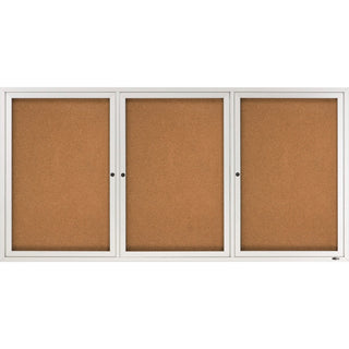 Enclosed Indoor Cork Bulletin Board with Three Hinged Doors, 72 x 36, Tan Surface, Silver Aluminum Frame