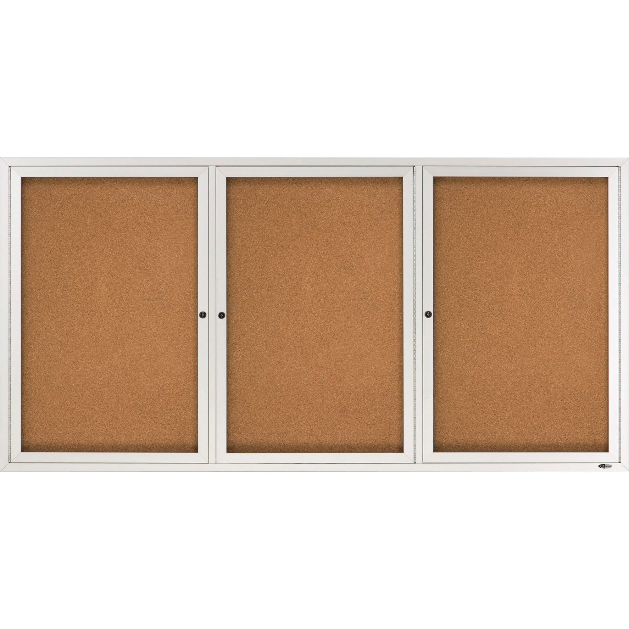 Enclosed Indoor Cork Bulletin Board with Three Hinged Doors, 72 x 36, Tan Surface, Silver Aluminum Frame