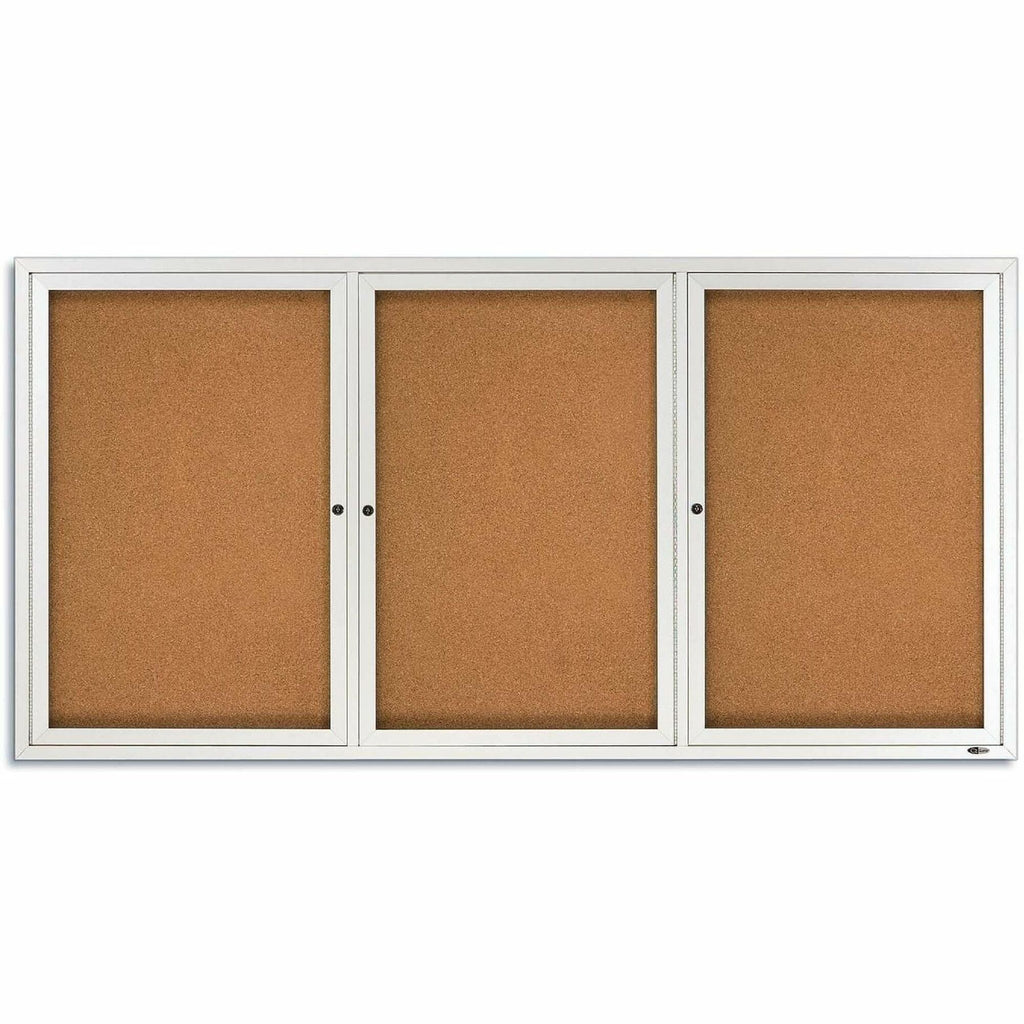 Enclosed Indoor Cork Bulletin Board with Three Hinged Doors, 72 x 48, Tan Surface, Silver Aluminum Frame