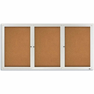 Enclosed Indoor Cork Bulletin Board with Three Hinged Doors, 72 x 48, Tan Surface, Silver Aluminum Frame