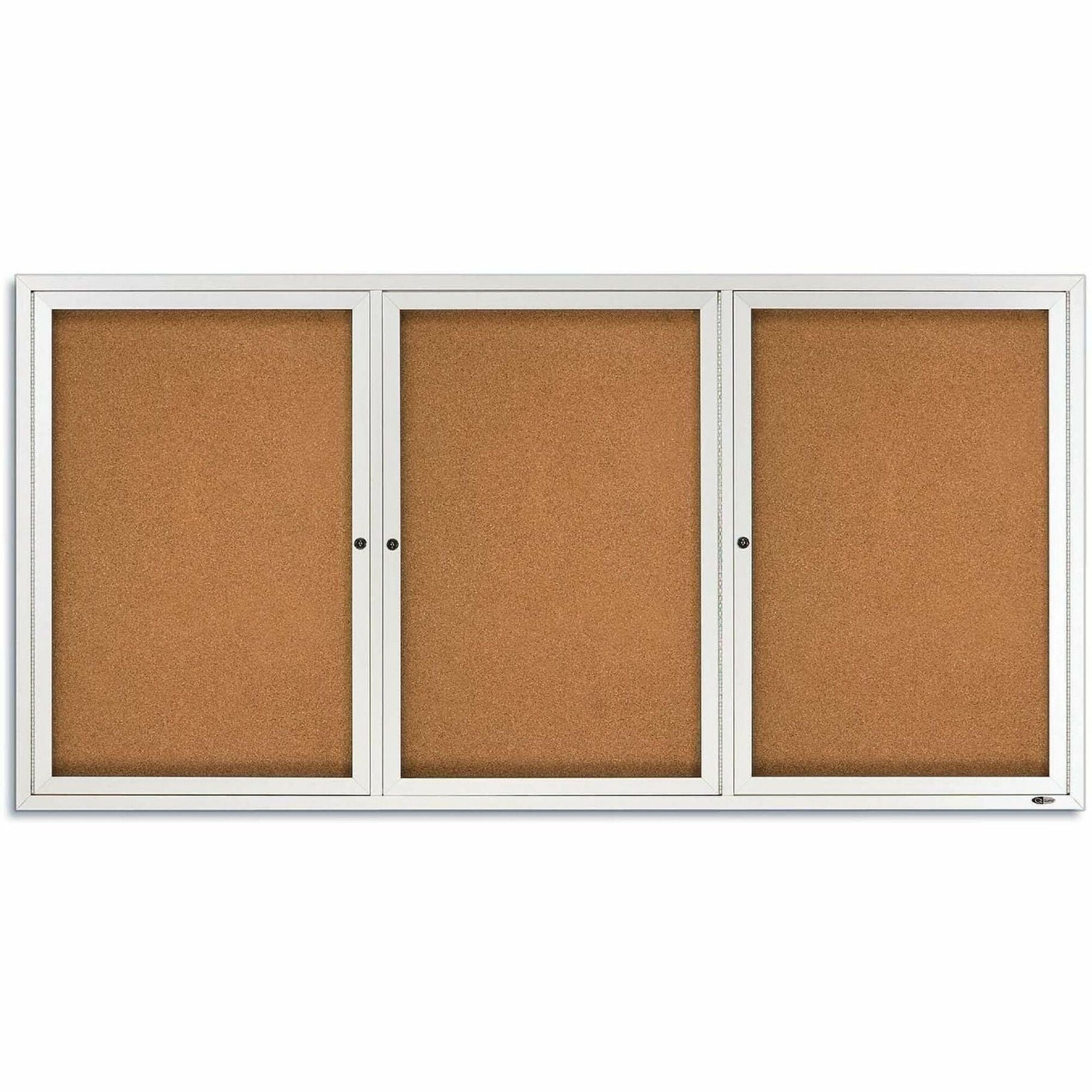 Enclosed Indoor Cork Bulletin Board with Three Hinged Doors, 72 x 48, Tan Surface, Silver Aluminum Frame