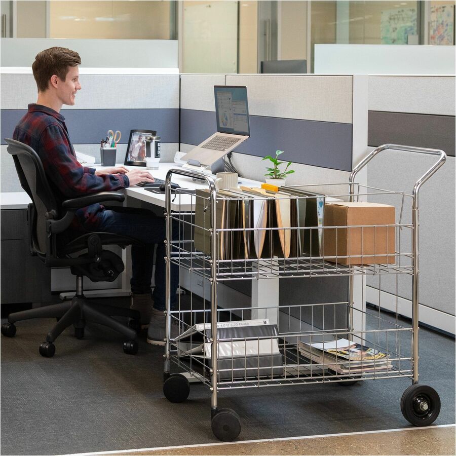 Wire Mail Cart, Metal, 2 Bins, 21.5" x 37.5" x 39.5", Chrome