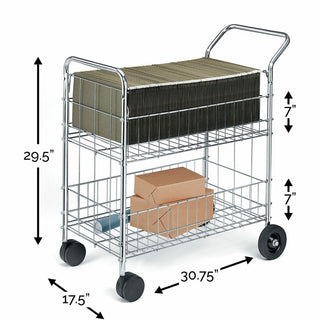 Wire Mail Cart, Metal, 2 Bins, 21.5" x 37.5" x 39.5", Chrome