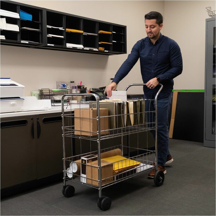 Wire Mail Cart, Metal, 2 Bins, 21.5" x 37.5" x 39.5", Chrome