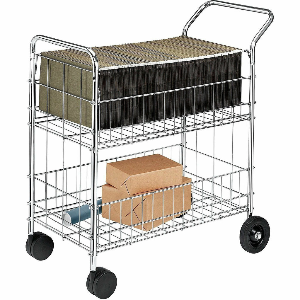 Wire Mail Cart, Metal, 2 Bins, 21.5" x 37.5" x 39.5", Chrome