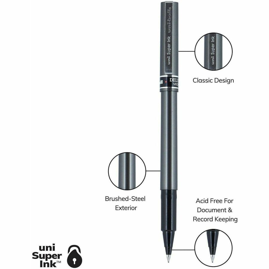 Deluxe Roller Ball Stick Waterproof Pen, Black Ink, Micro, Dozen, Sold as 1 Dozen