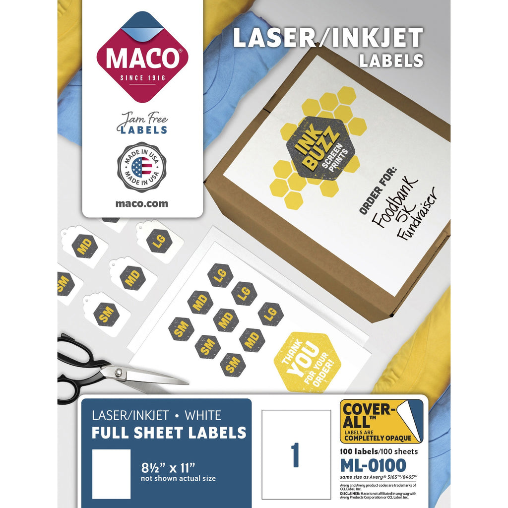 Cover-All Opaque Laser/Inkjet Shipping Labels, Full-Sheet Format, Inkjet/Laser Printers, 8.5 x 11, White, 100/Box