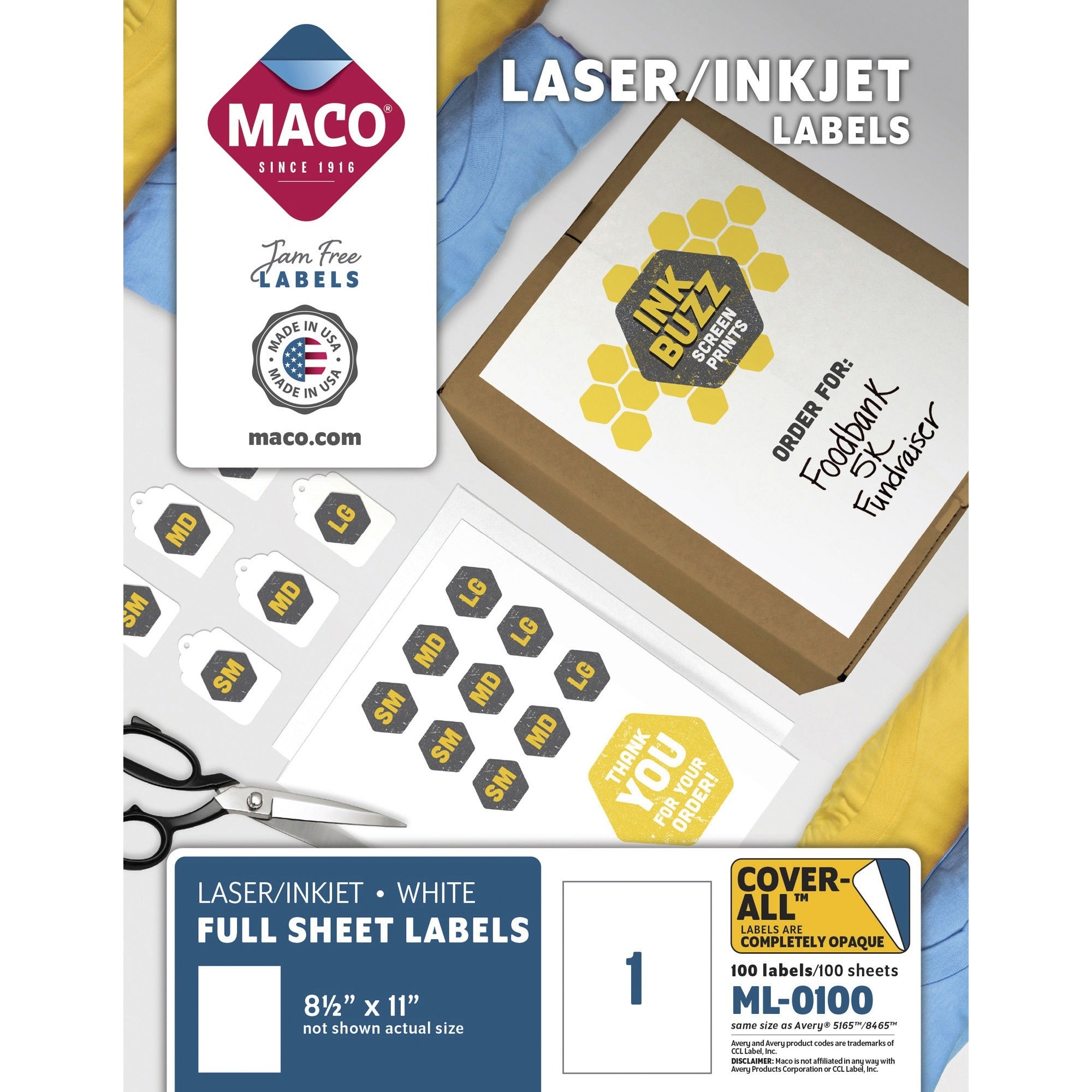 Cover-All Opaque Laser/Inkjet Shipping Labels, Full-Sheet Format, Inkjet/Laser Printers, 8.5 x 11, White, 100/Box