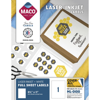 Cover-All Opaque Laser/Inkjet Shipping Labels, Full-Sheet Format, Inkjet/Laser Printers, 8.5 x 11, White, 100/Box
