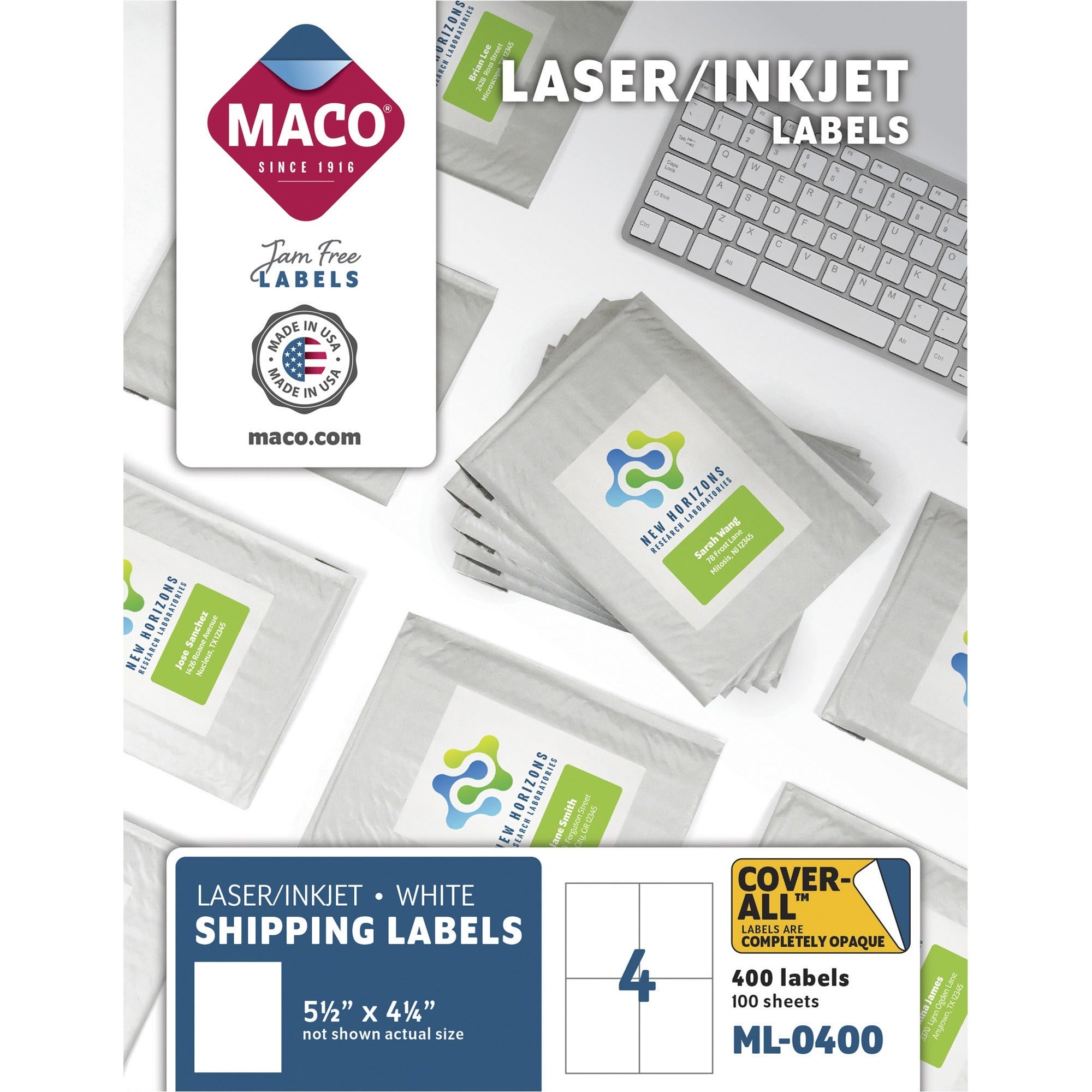 MACO White Laser/Ink Jet Shipping Label - 5 1/2" Width x 4 1/4" Length - Rectangle - Laser, Inkjet - White - 4 / Sheet - 400 / Box - Lignin-free - 1